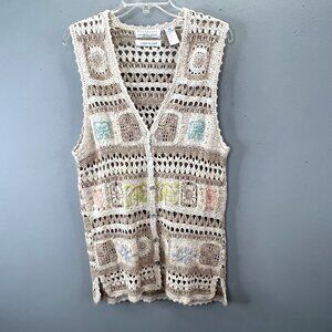 Vintage Northern Isles Crochet Sweater Vest M Beige Knit Grannycore Cottagecore